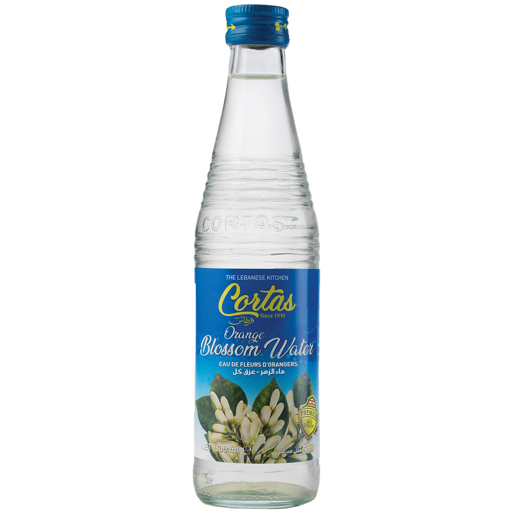 Cortas Orange Blossom Water bottle showcases a delicate aroma for desserts and drinks.