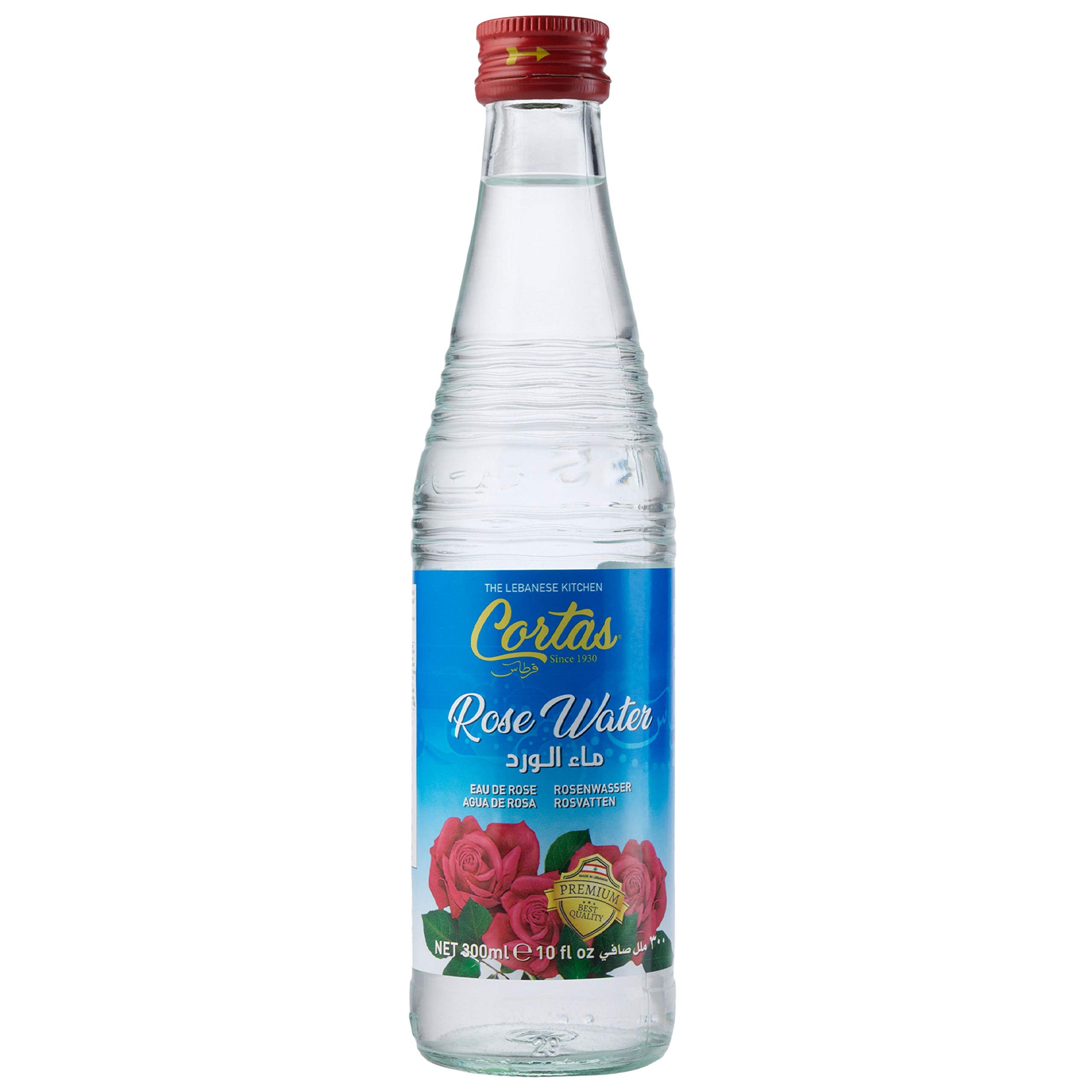 Cortas orange blossom water bottle closeup showcasing aromatic versatility for drinks and desserts.