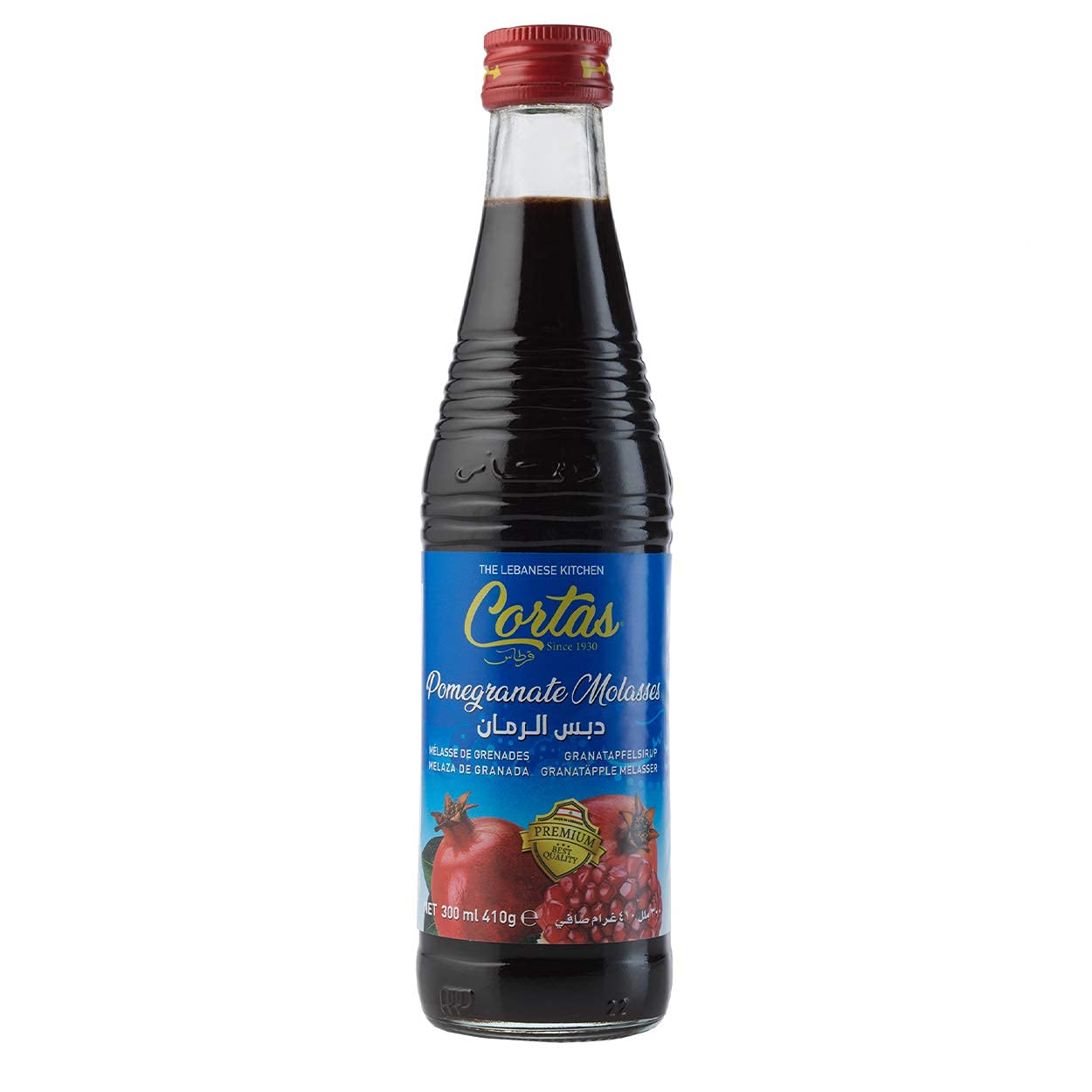 Cortas Pomegranate Molasses label close-up reveals deep ruby hue