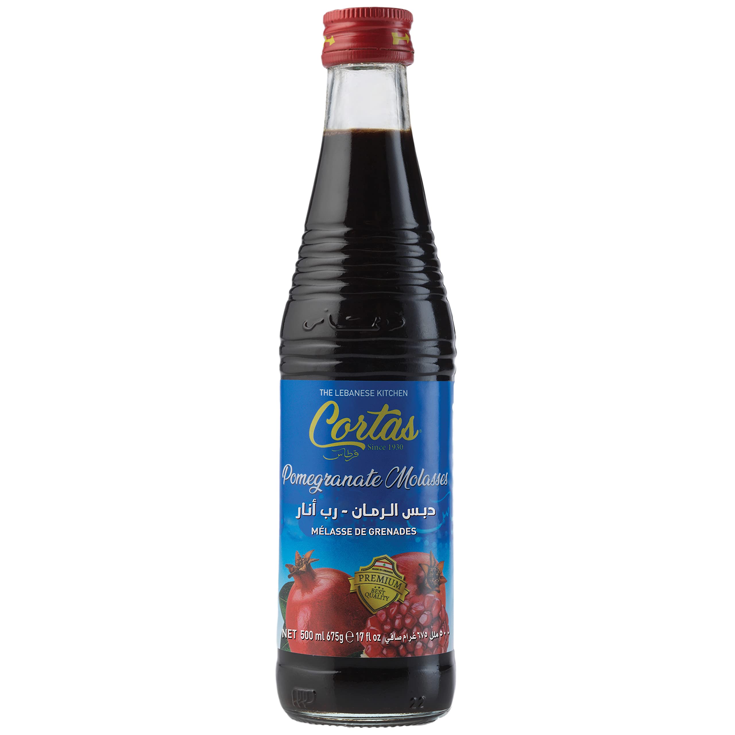 Cortas pomegranate molasses in a large glass bottle for dressings and marinades