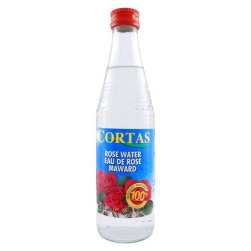 Cortas Rose Water 10 oz bottle adds delicate floral aroma to recipes.
