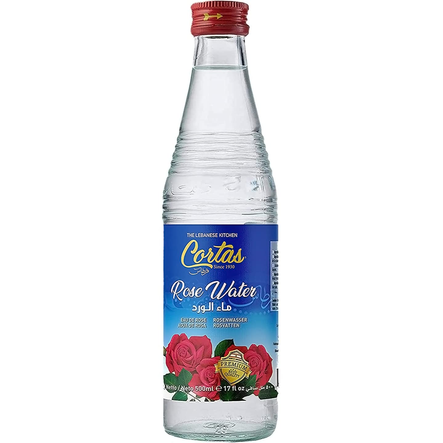 Cortas Rose Water bottle front view, ideal for refreshing beverages.