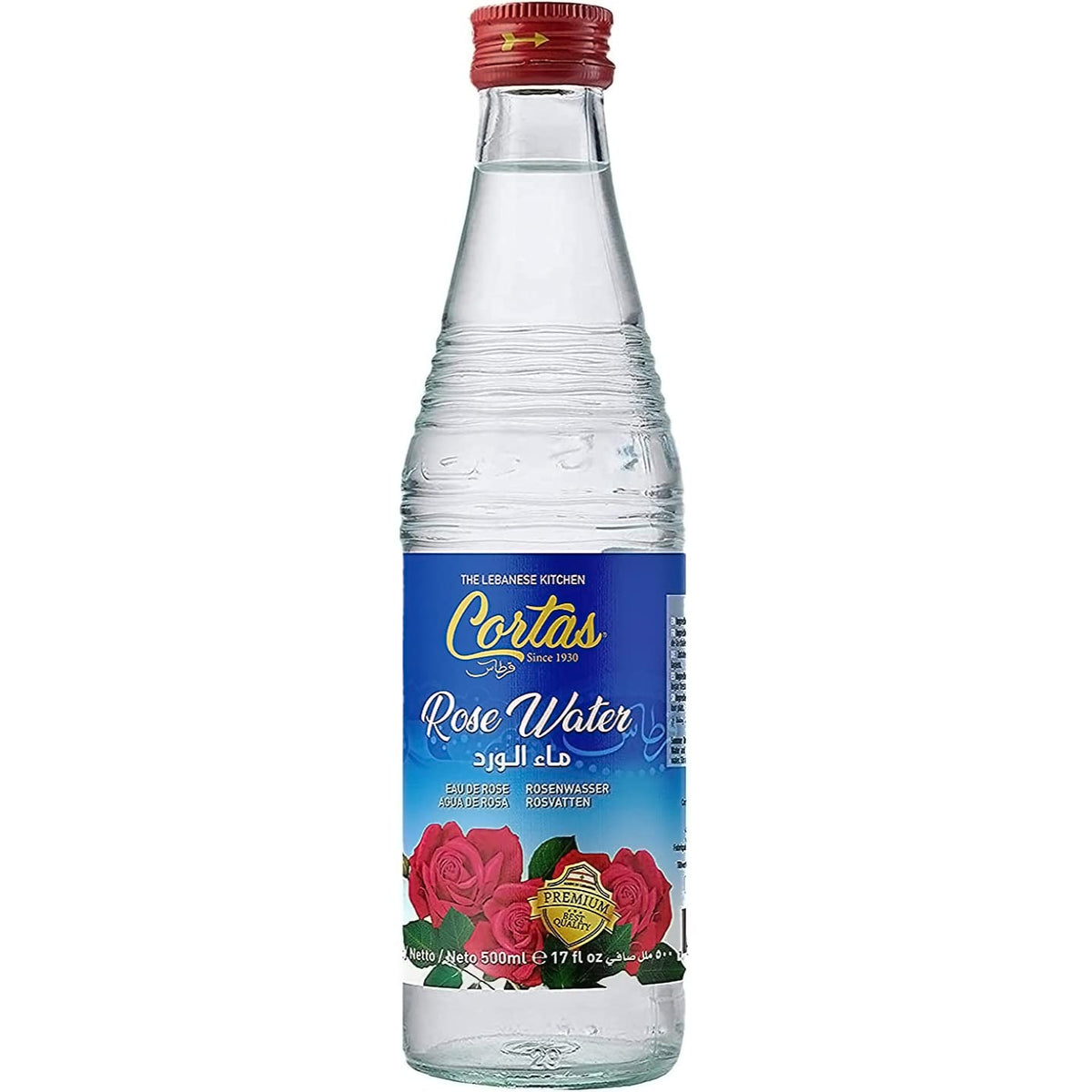 Cortas Rose Water bottle front view, ideal for refreshing beverages.