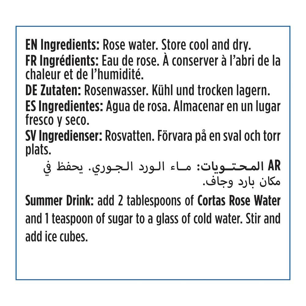 Cortas Rose Water bottle with glass, perfect for recipes and refreshing sips.