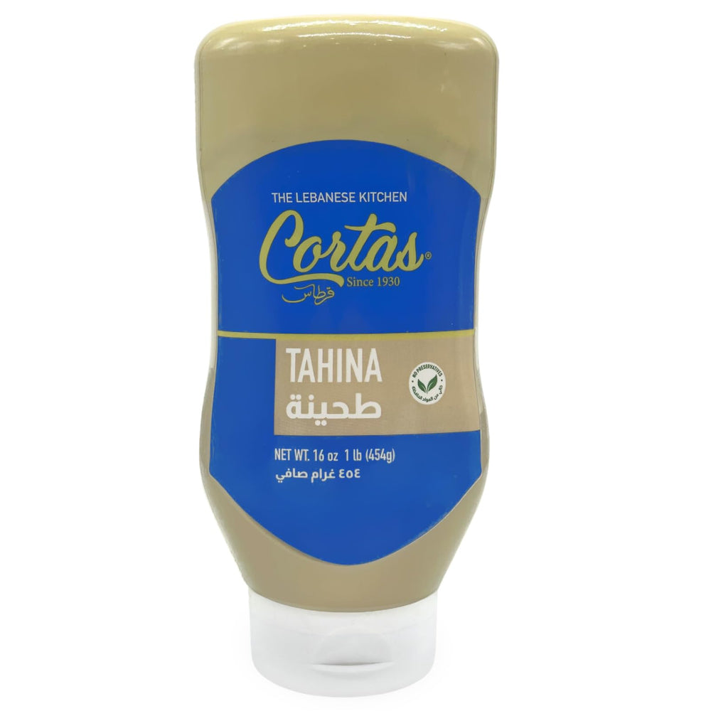 Cortas Tahini bottle close-up showing smooth sesame paste for hummus and dressings.