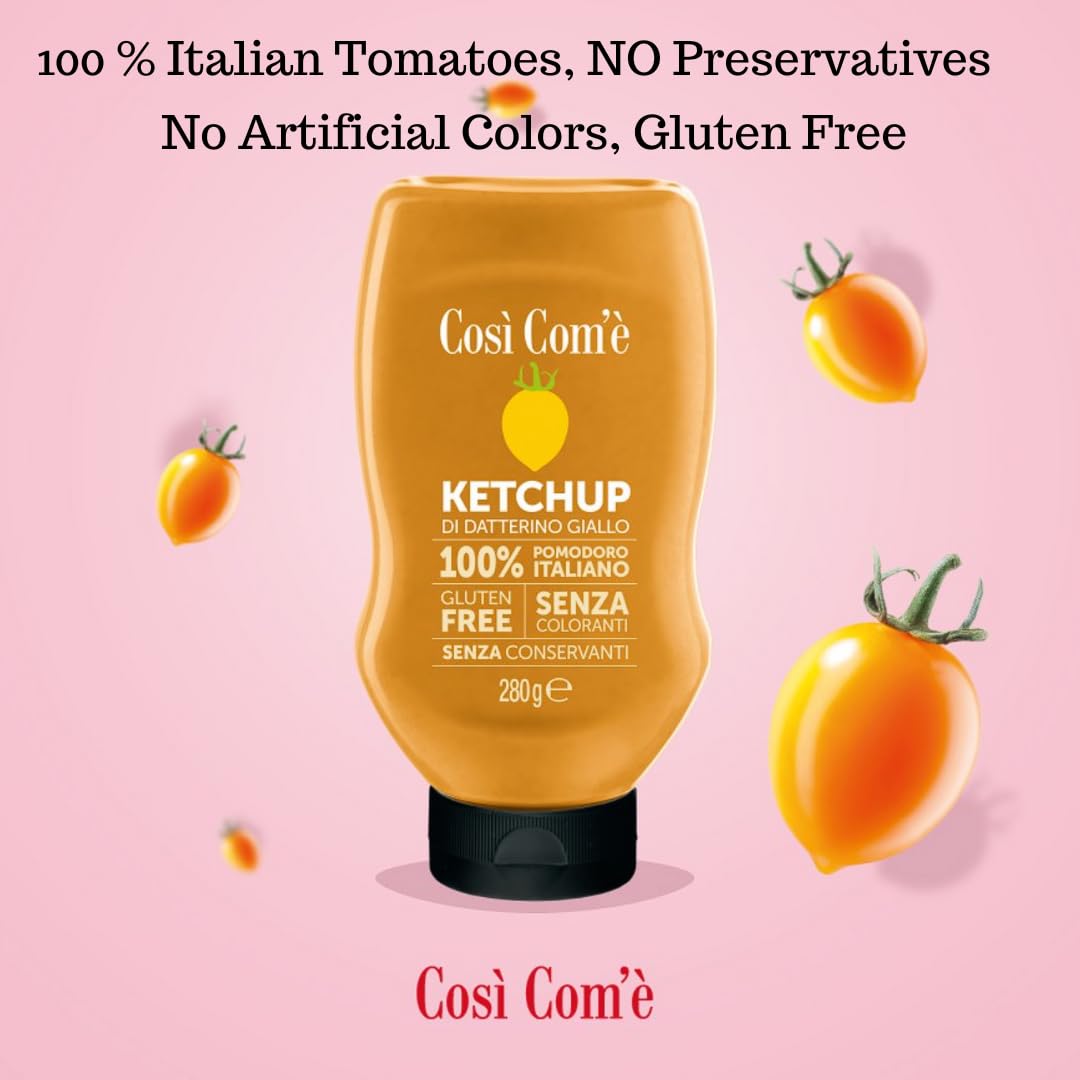 Così Com'è Yellow Tomato Ketchup being poured, a versatile condiment for sandwiches