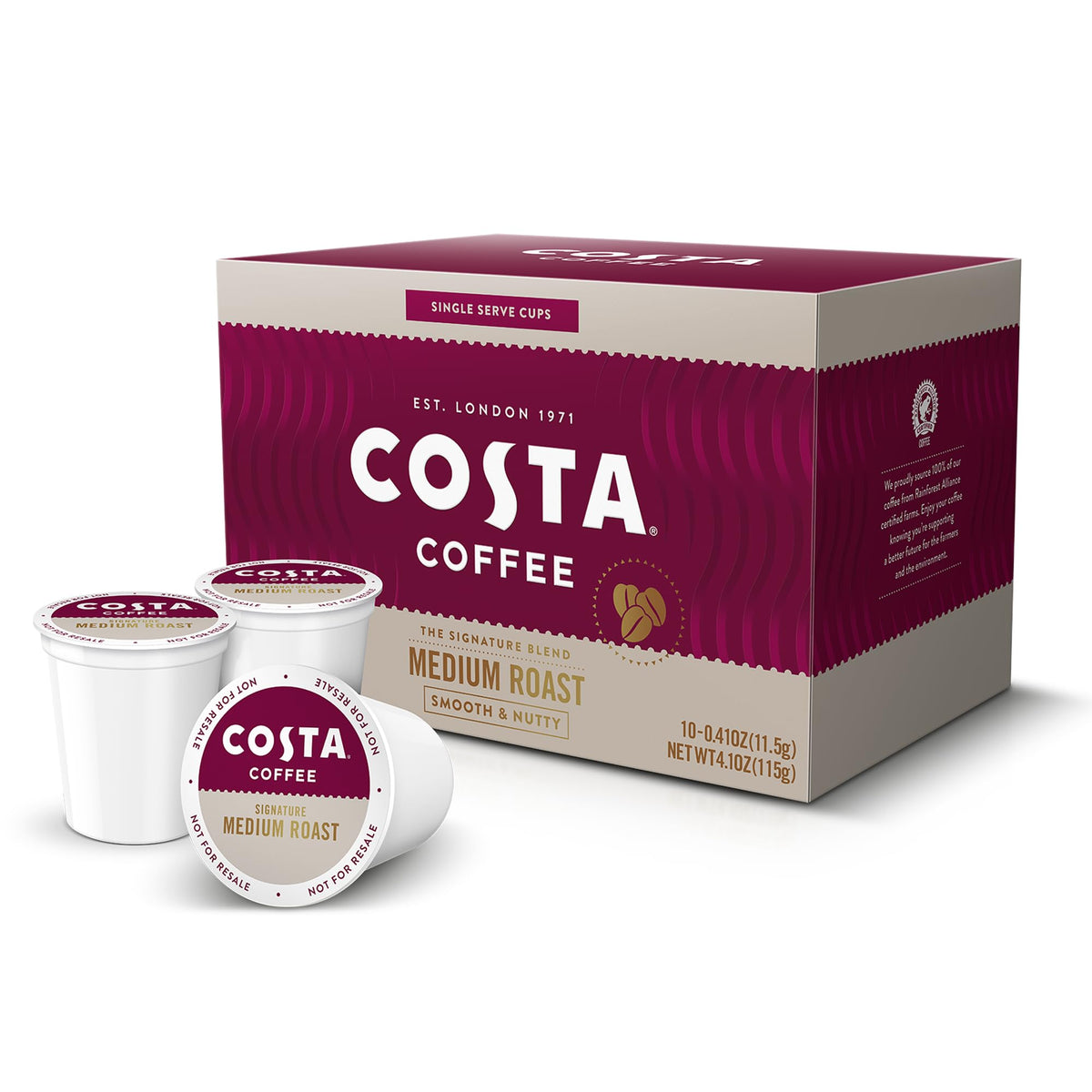 Costa Signature Blend 10ct box on a kitchen shelf, ready for quick mornings.