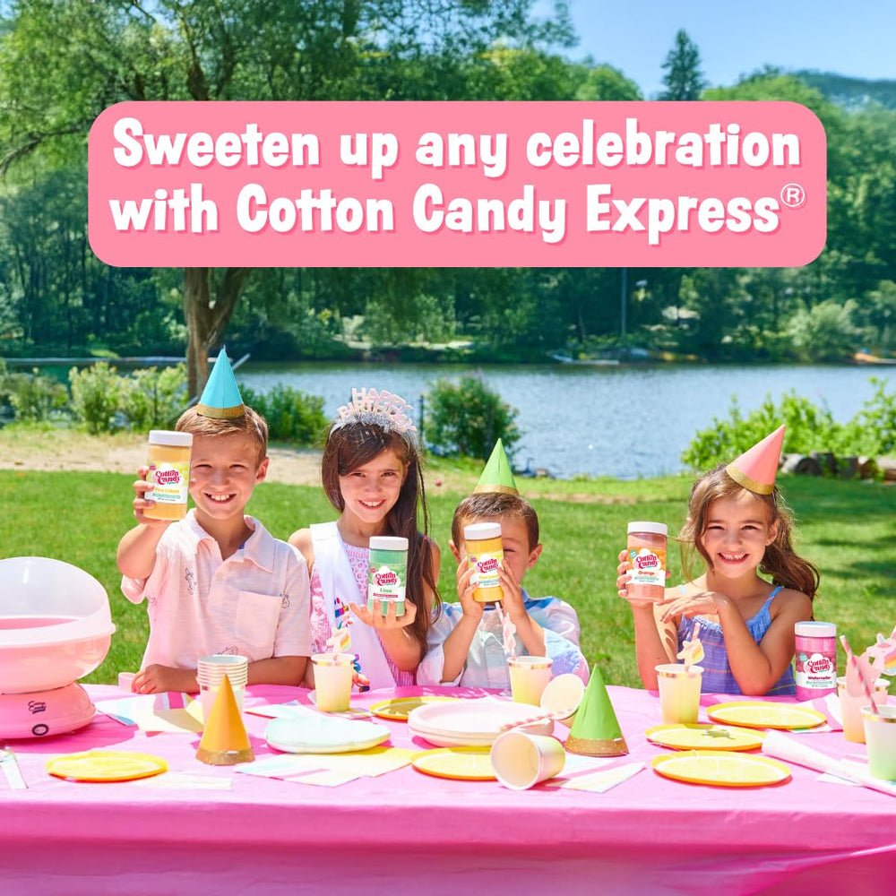 Cotton Candy Express floss sugar multi-jar display highlights variety for flavor-mixing at parties.