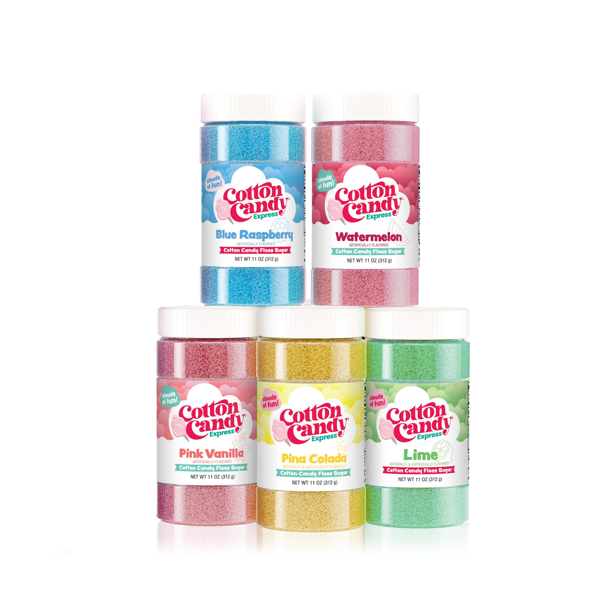 Cotton Candy Express lime floss sugar jar adds zesty flavor for at-home party treats.