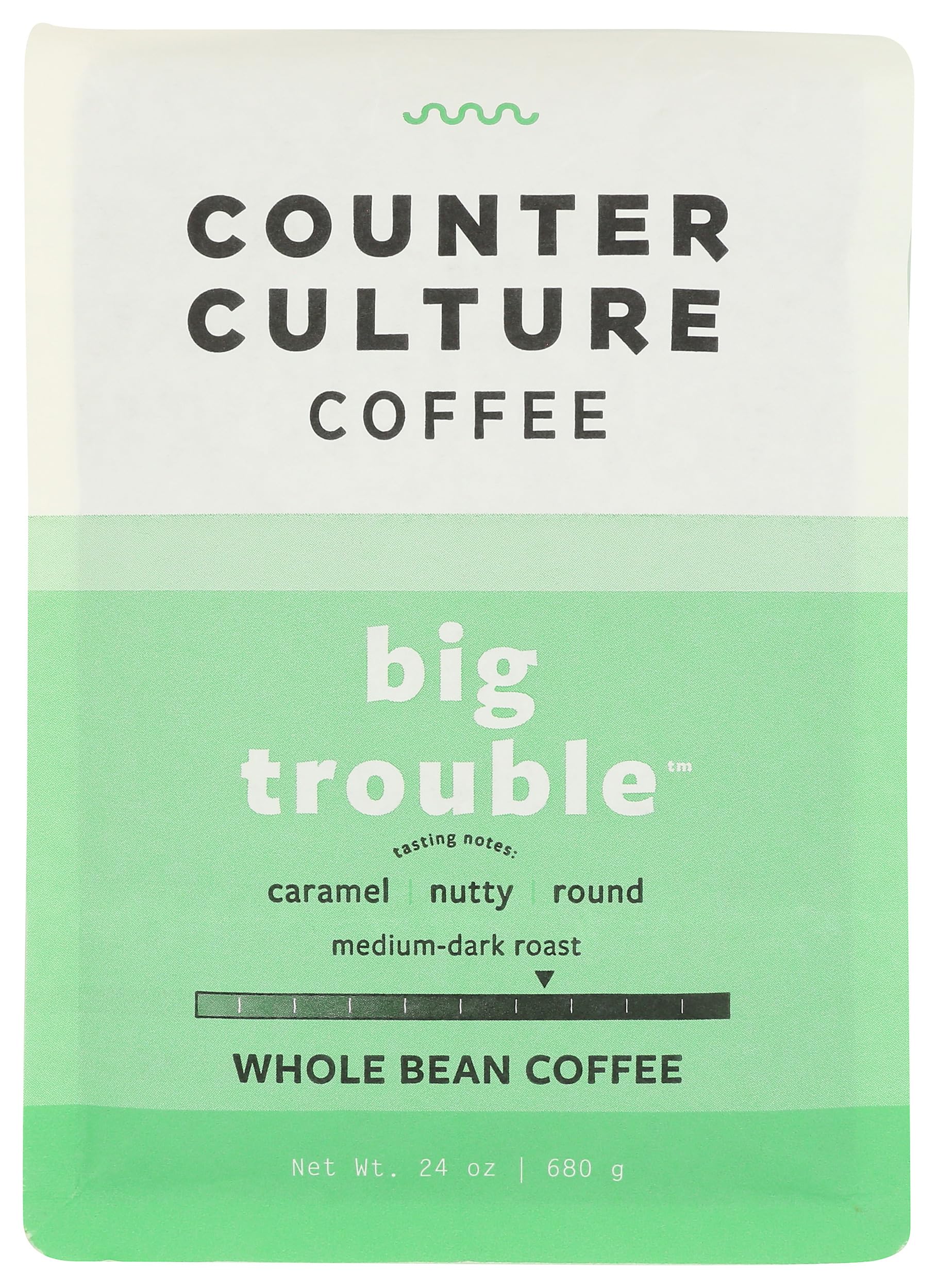 Counter Culture Coffee Big Trouble beans in a bag, ready for fresh daily brews.