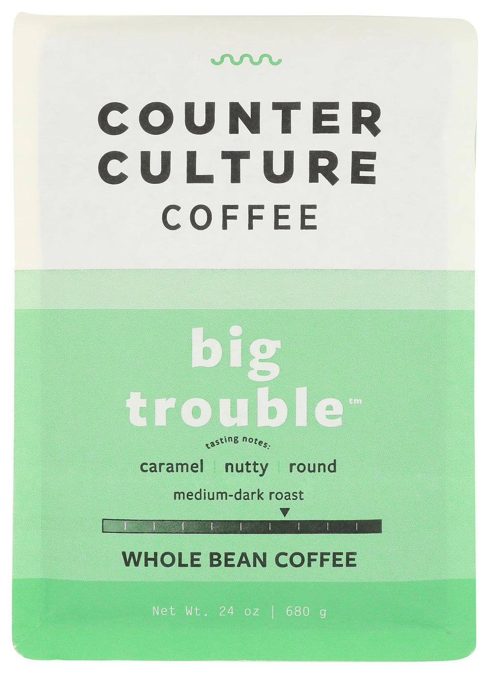 Counter Culture Coffee Big Trouble beans in a bag, ready for fresh daily brews.
