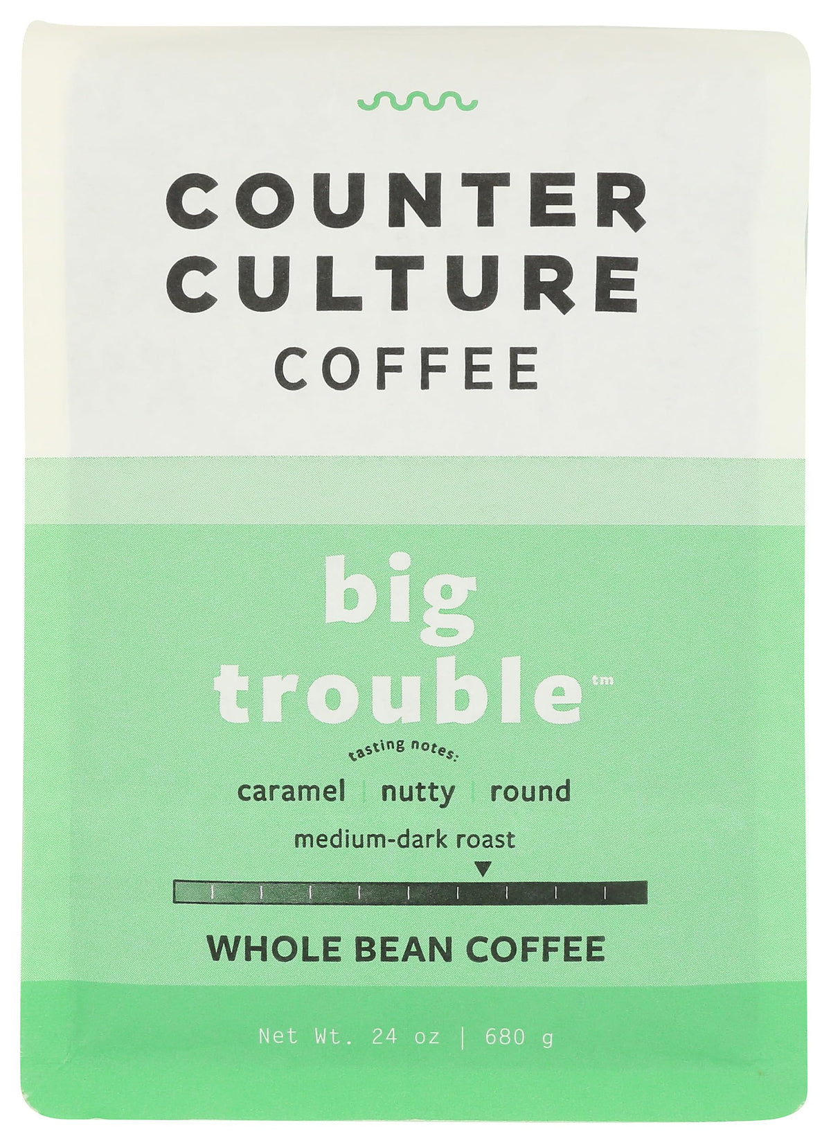 Counter Culture Coffee Big Trouble beans in a bag, ready for fresh daily brews.
