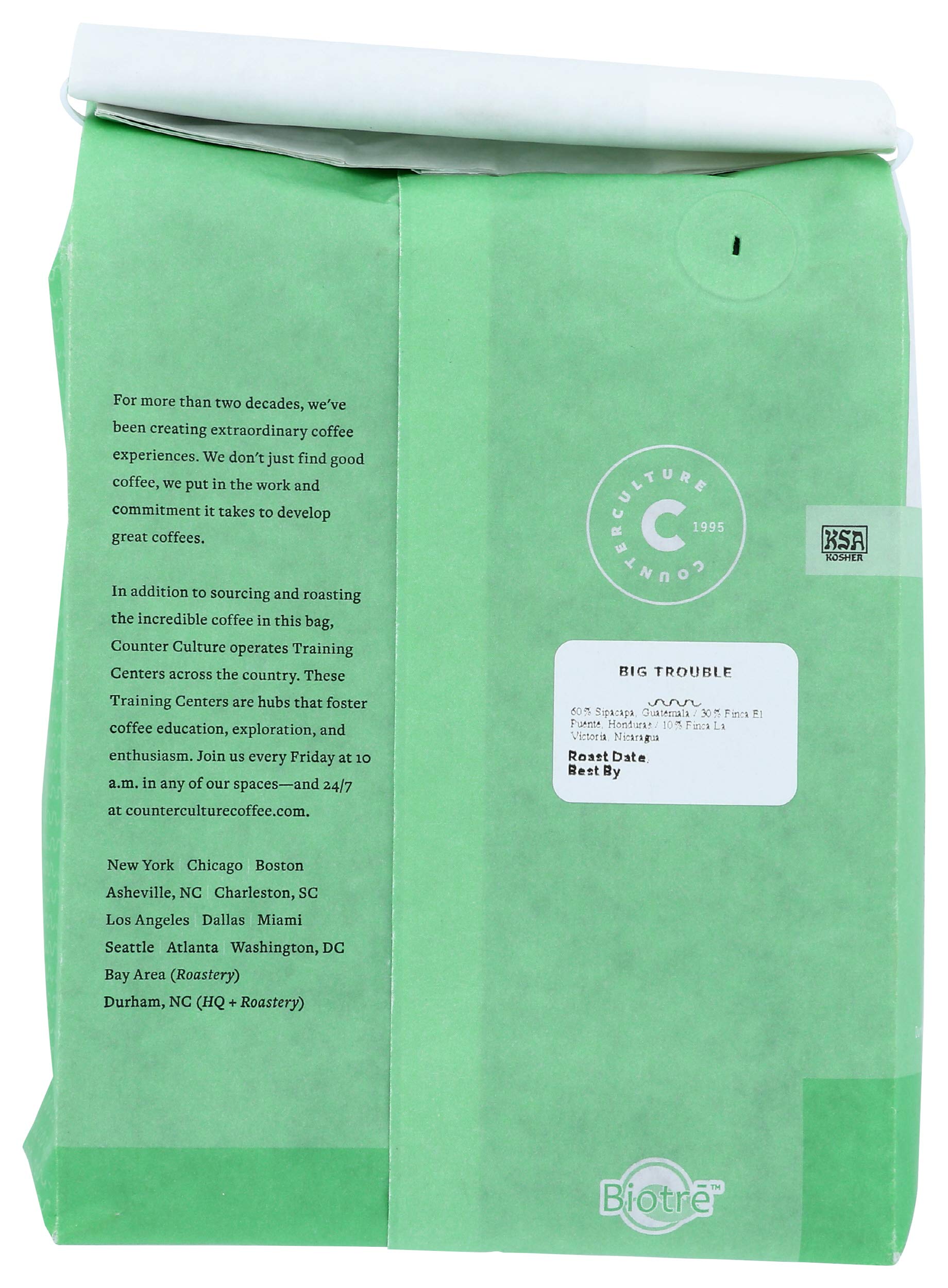 Counter Culture Coffee Big Trouble label shows kosher-certified beans for mindful sourcing.