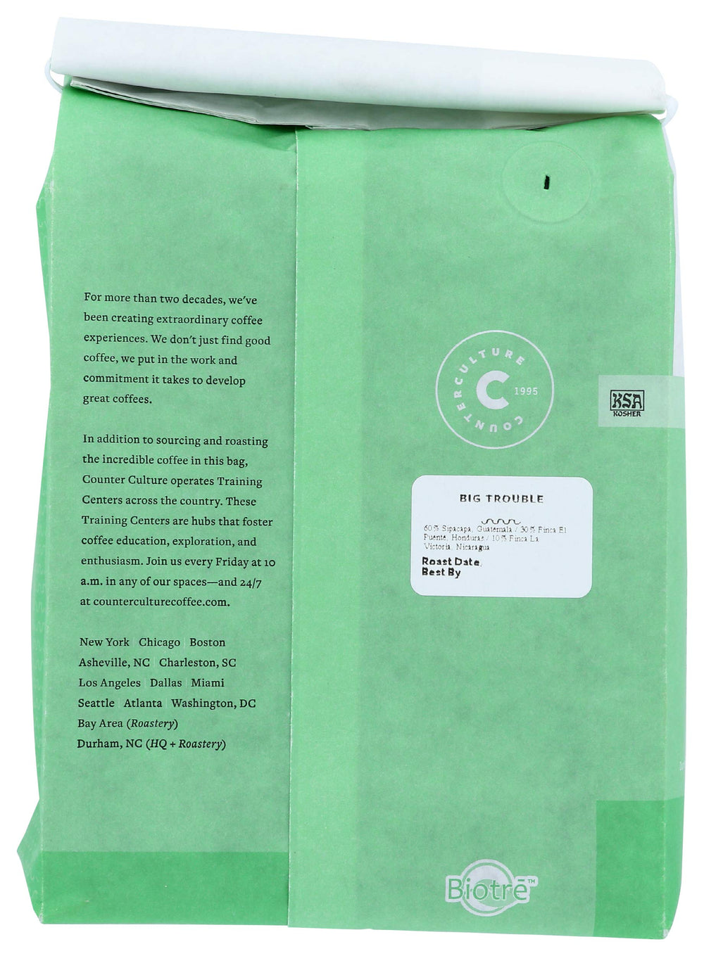 Counter Culture Coffee Big Trouble label shows kosher-certified beans for mindful sourcing.