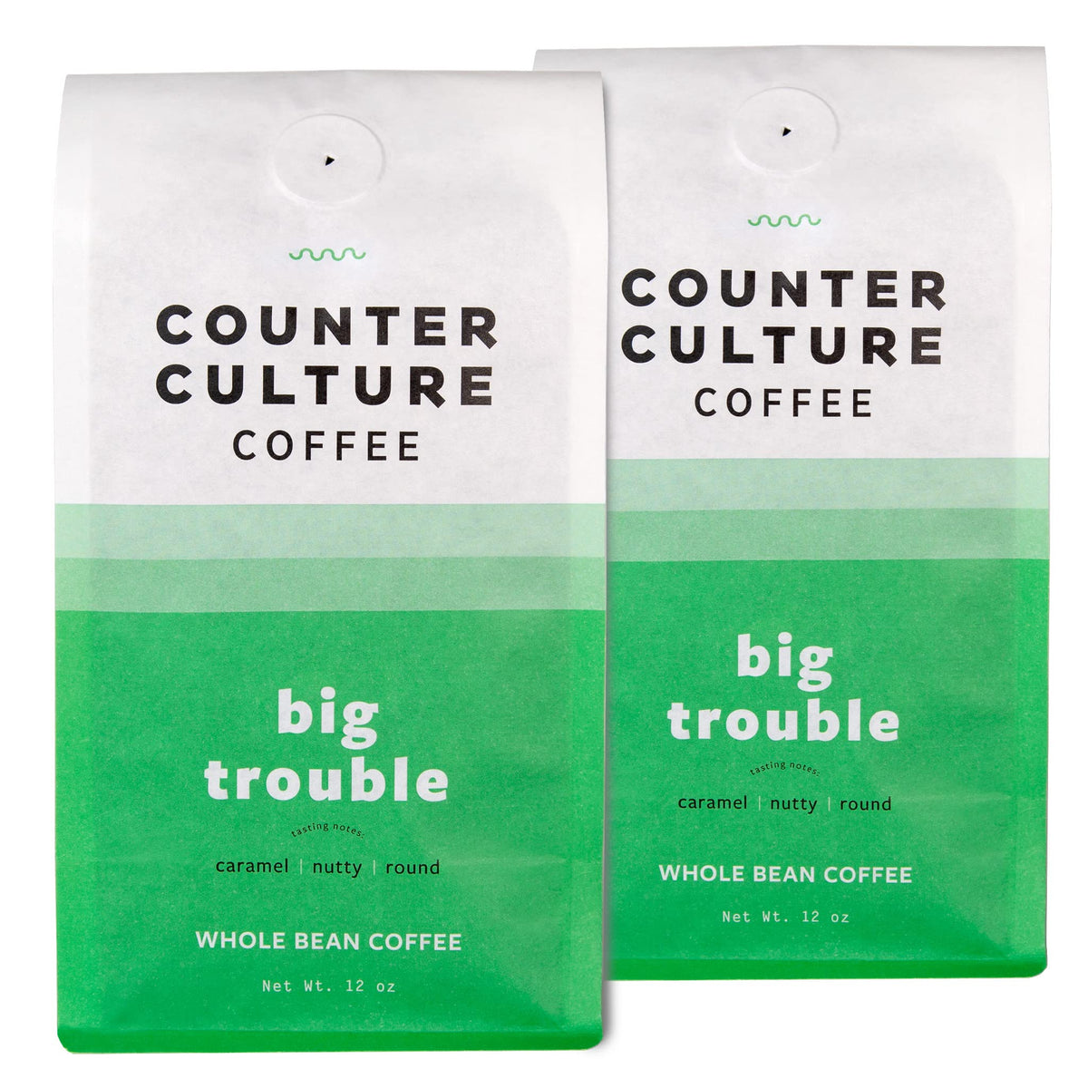 Counter Culture Big Trouble whole bean close-up shows caramel notes and round body.