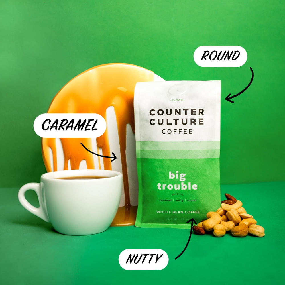 Counter Culture Big Trouble pack-front highlights sustainably sourced beans.