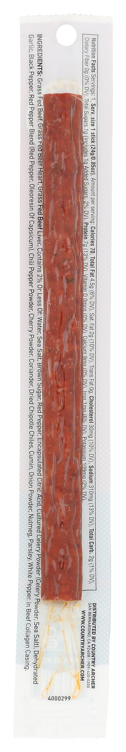 Country Archer Beef Stick Ancestral Spicy ingredients label emphasizes quality with simple recognizable ingredients