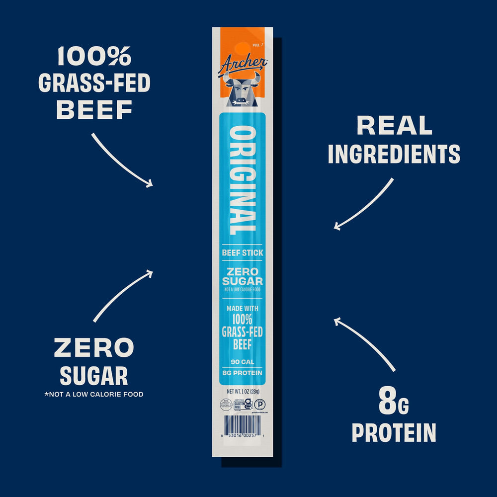 Grass-fed beef sticks with clean ingredients and 8 g protein per stick.