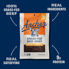 Country Archer Mango Habanero jerky close up texture shows tender chew.