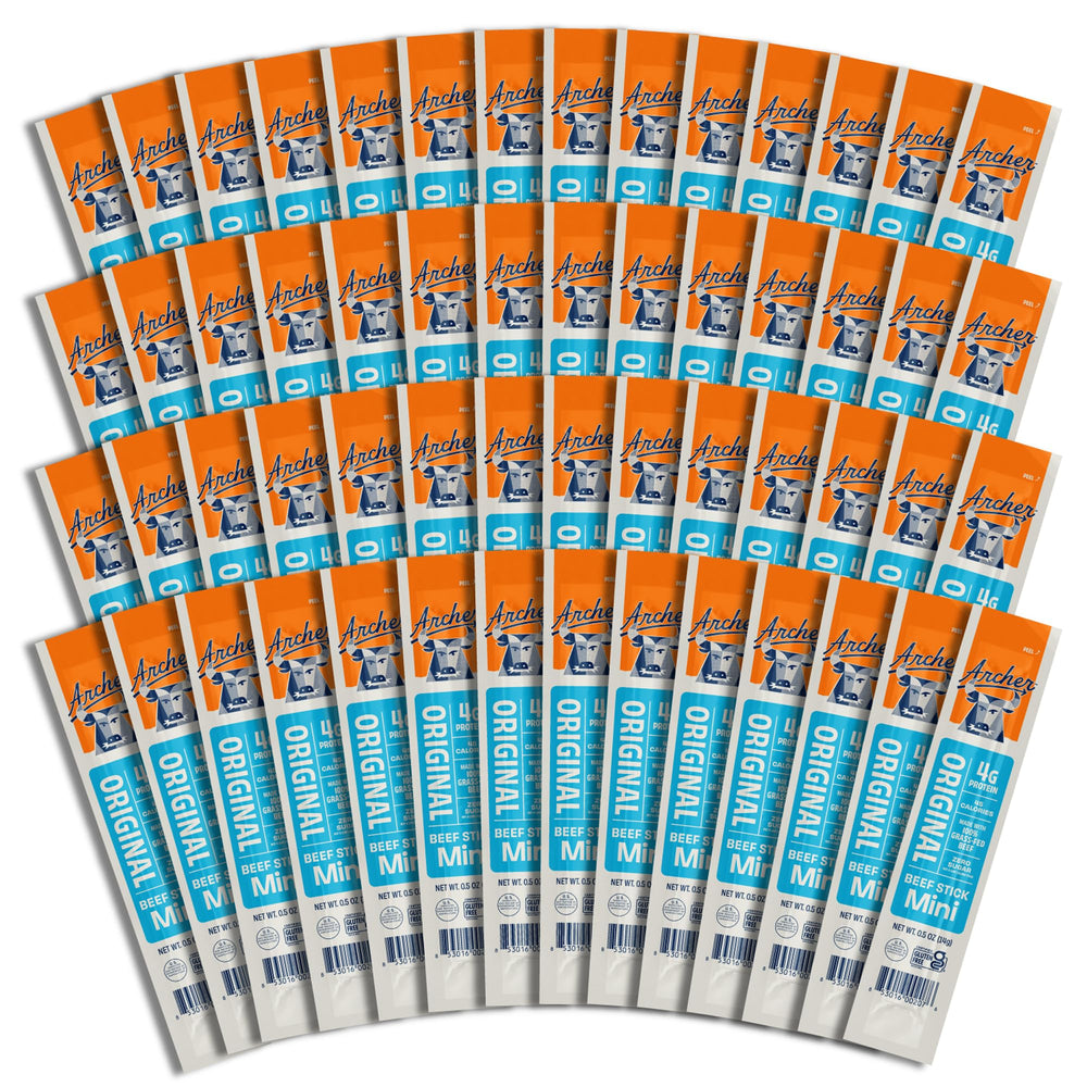 Country Archer Original Flavor Mini Beef Sticks packaging highlights gluten free, paleo friendly snack.