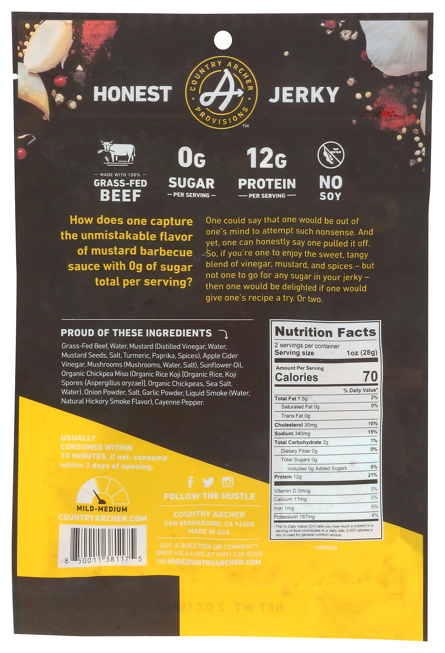 Country Archer mustard BBQ jerky slices offer savory chew and convenience