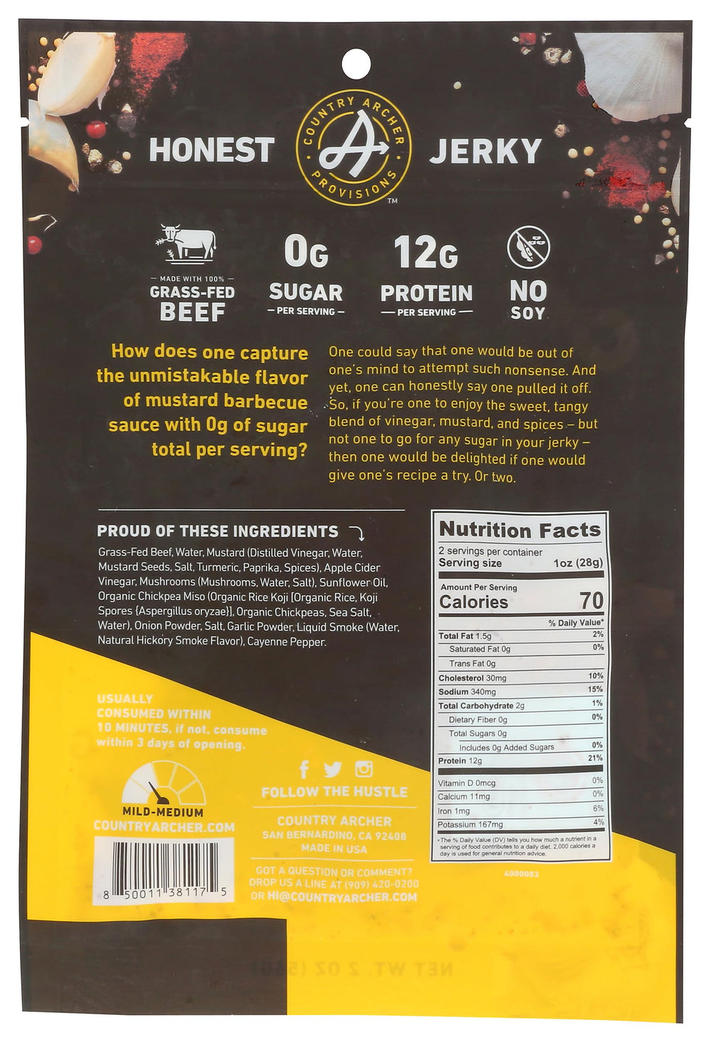 Country Archer mustard BBQ jerky slices offer savory chew and convenience