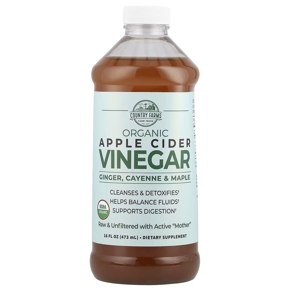 Country Farms Apple Cider Vinegar Tonic bottle showing ginger and cayenne for balanced hydration