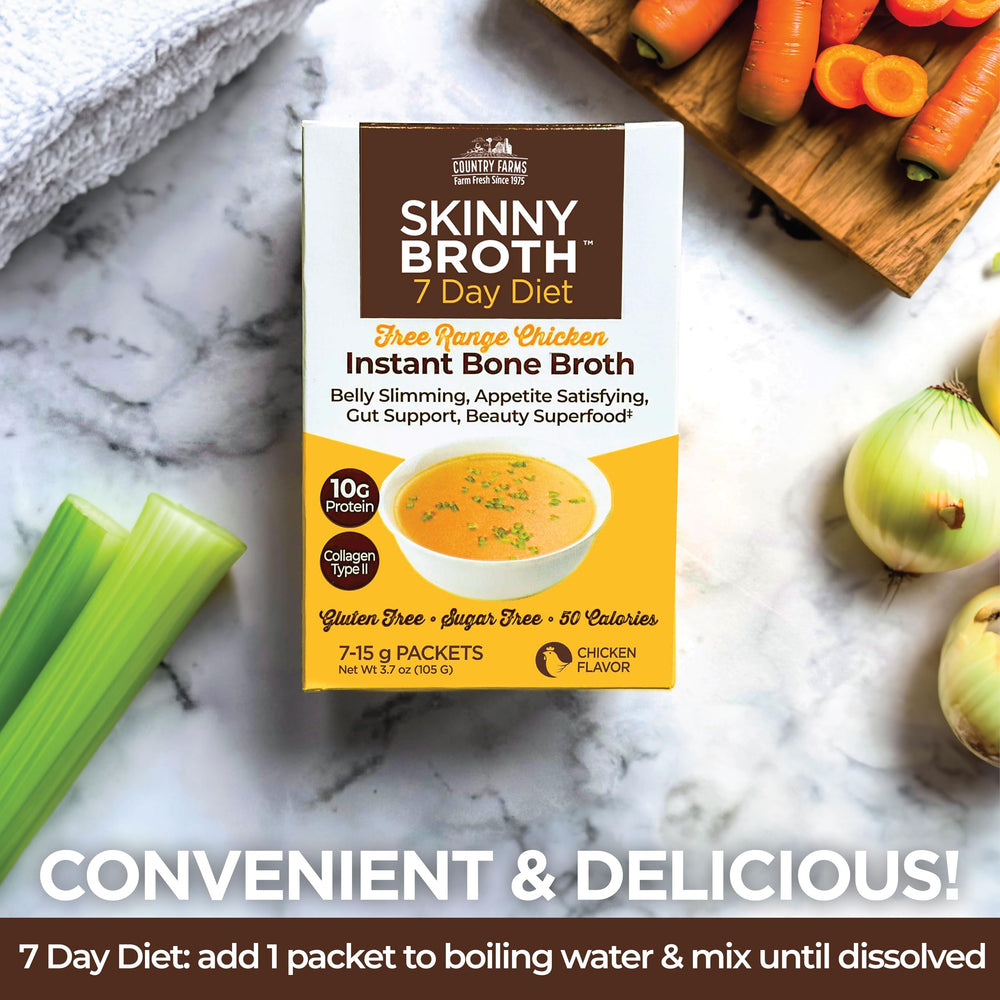Country Farms Skinny Broth with collagen Type II supports skin and joints.