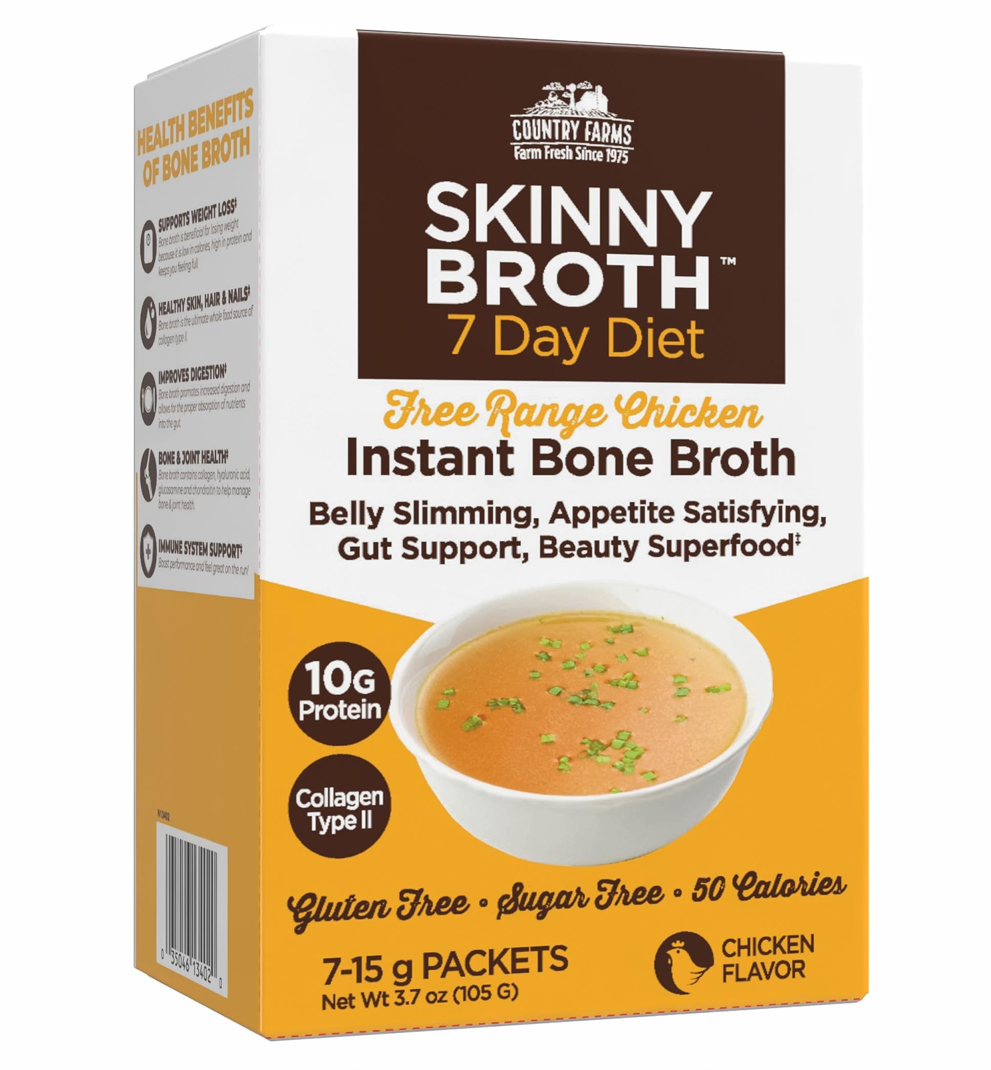 Country Farms Skinny Broth instant chicken cup ready in minutes for a protein boost.