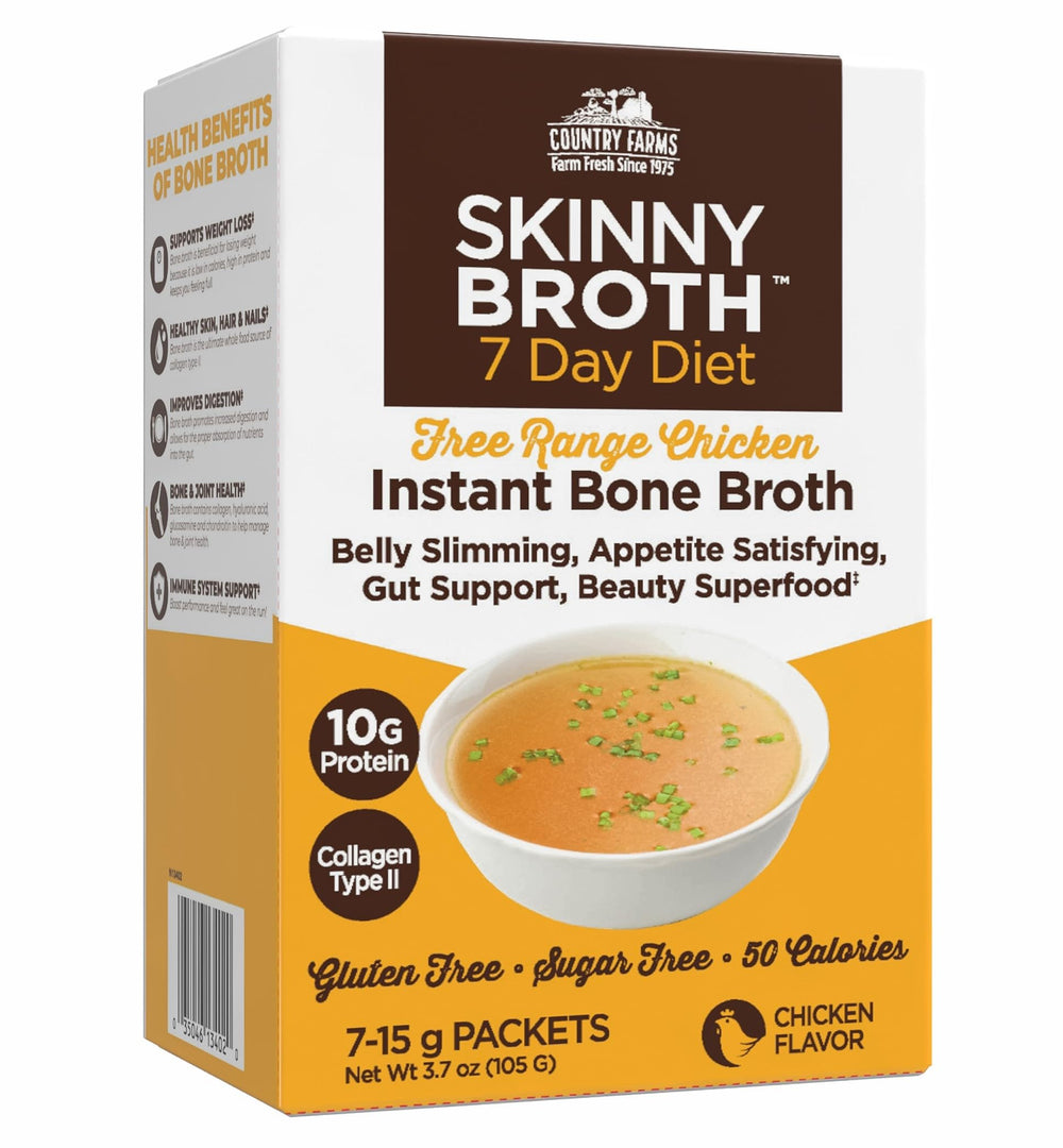 Country Farms Skinny Broth instant chicken cup ready in minutes for a protein boost.