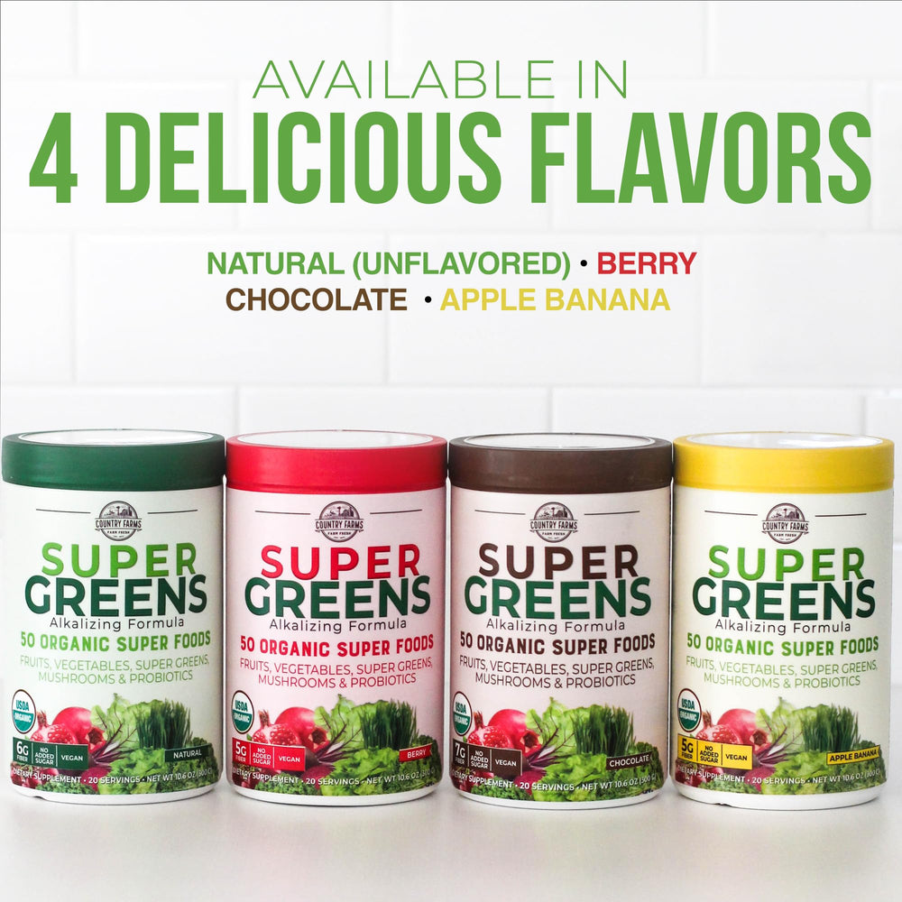 Country Farms Super Greens berry glass with shake ready to enjoy.