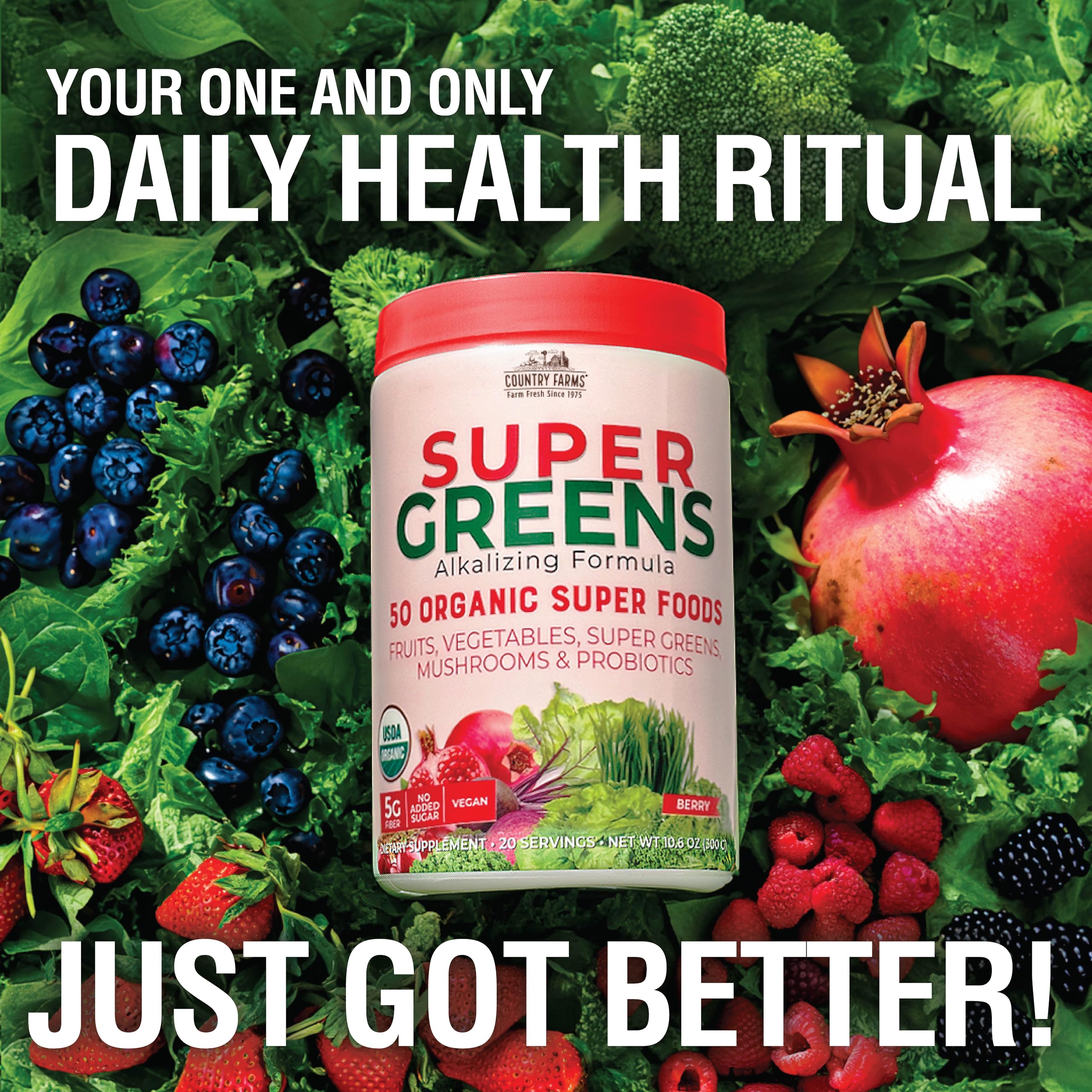 Country Farms Super Greens berry scoop dispense for easy serving and fiber.
