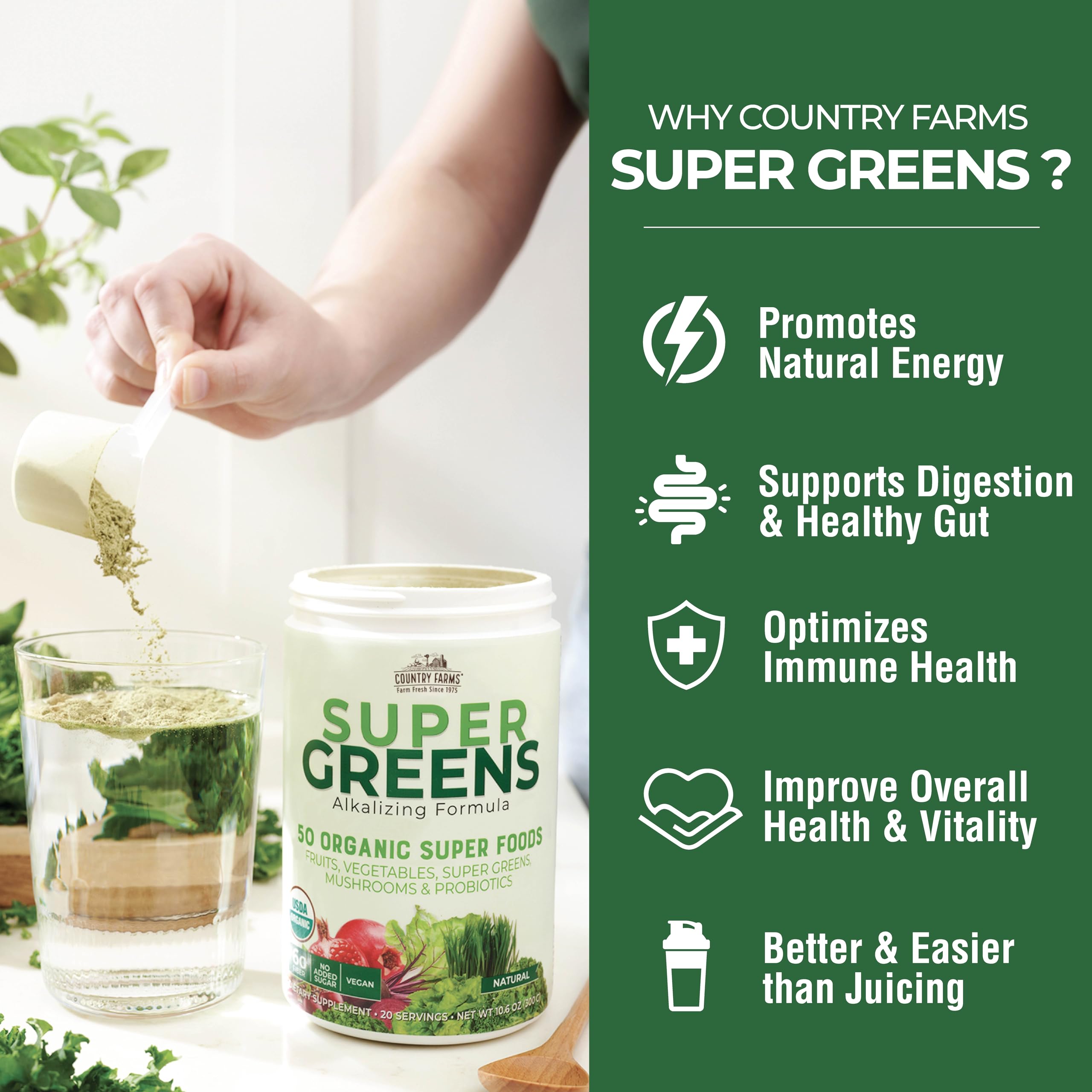 Country Farms Super Greens ingredients list highlights 50 organic foods