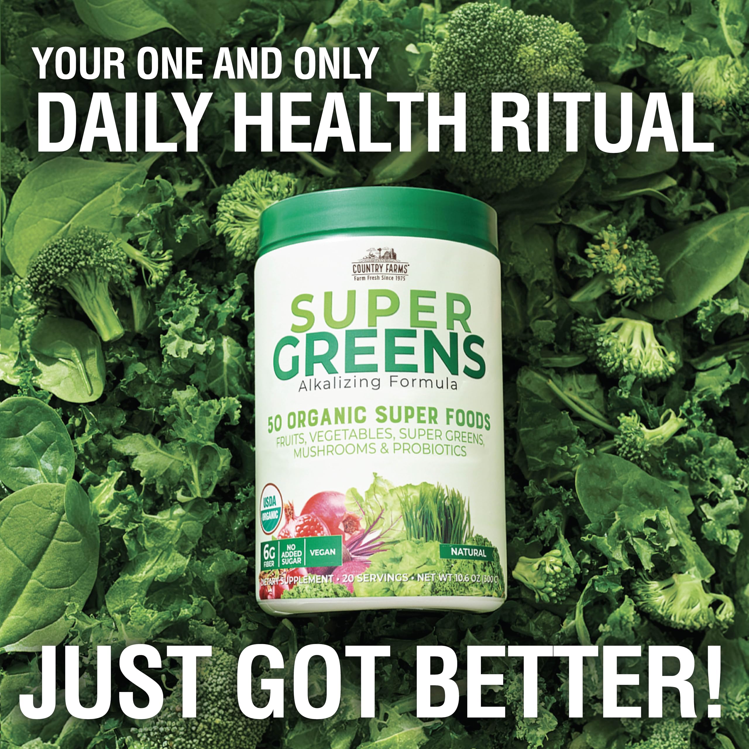 Country Farms Super Greens packaging front showcasing organic quality