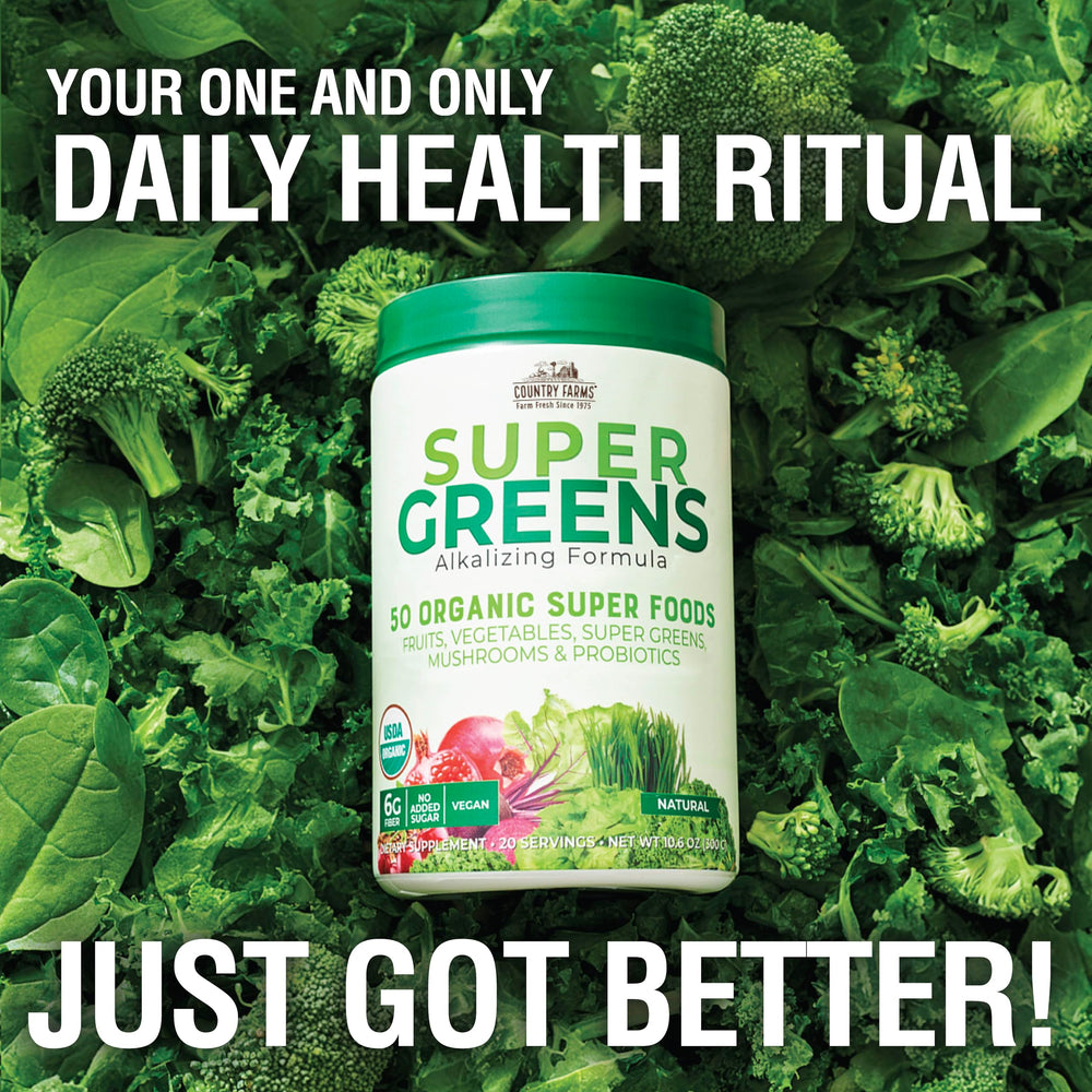 Country Farms Super Greens packaging front showcasing organic quality