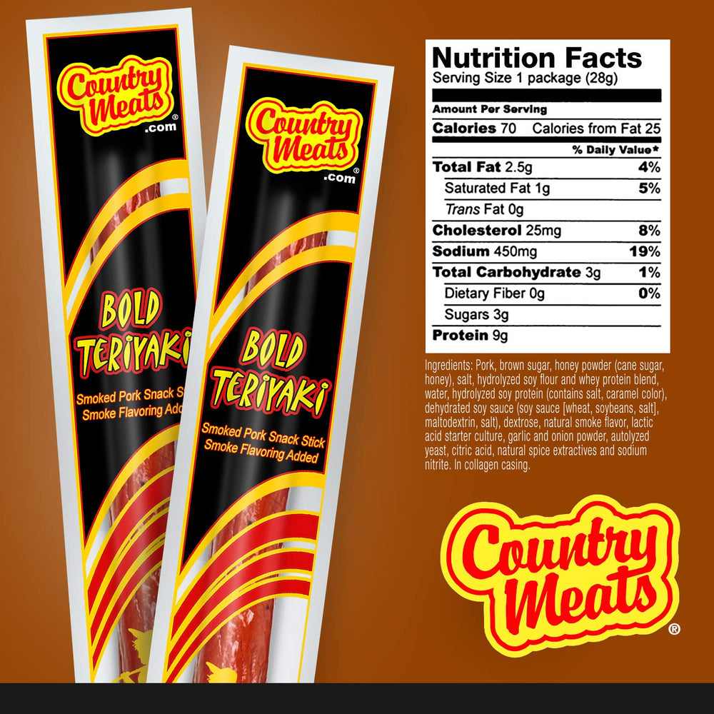 Country Meats Bold Teriyaki ten-stick glaze closeup highlights flavorful glaze and texture.