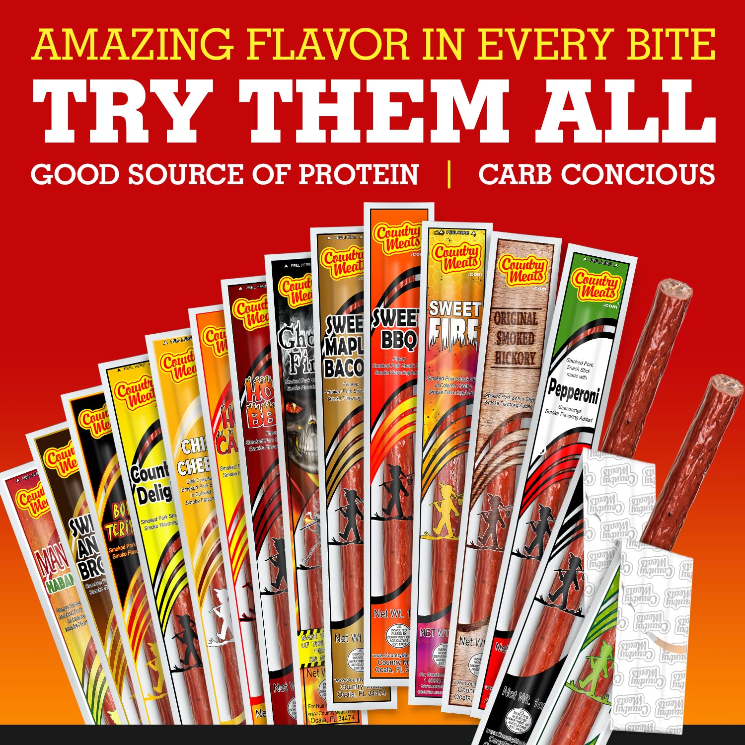 Country Meats Bold Teriyaki ten-stick packaging on shelf for easy grab-and-go.