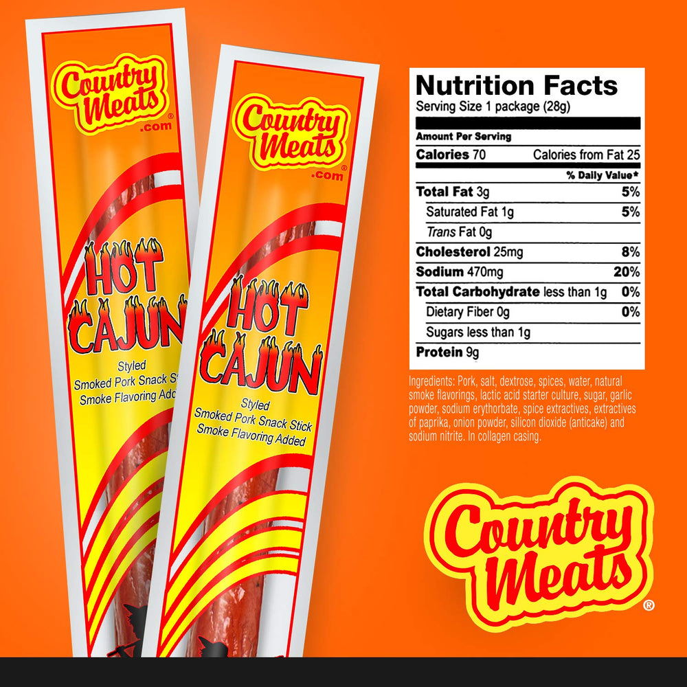 Close-up of Country Meats Hot Cajun sticks shows lean texture and bold flavor.