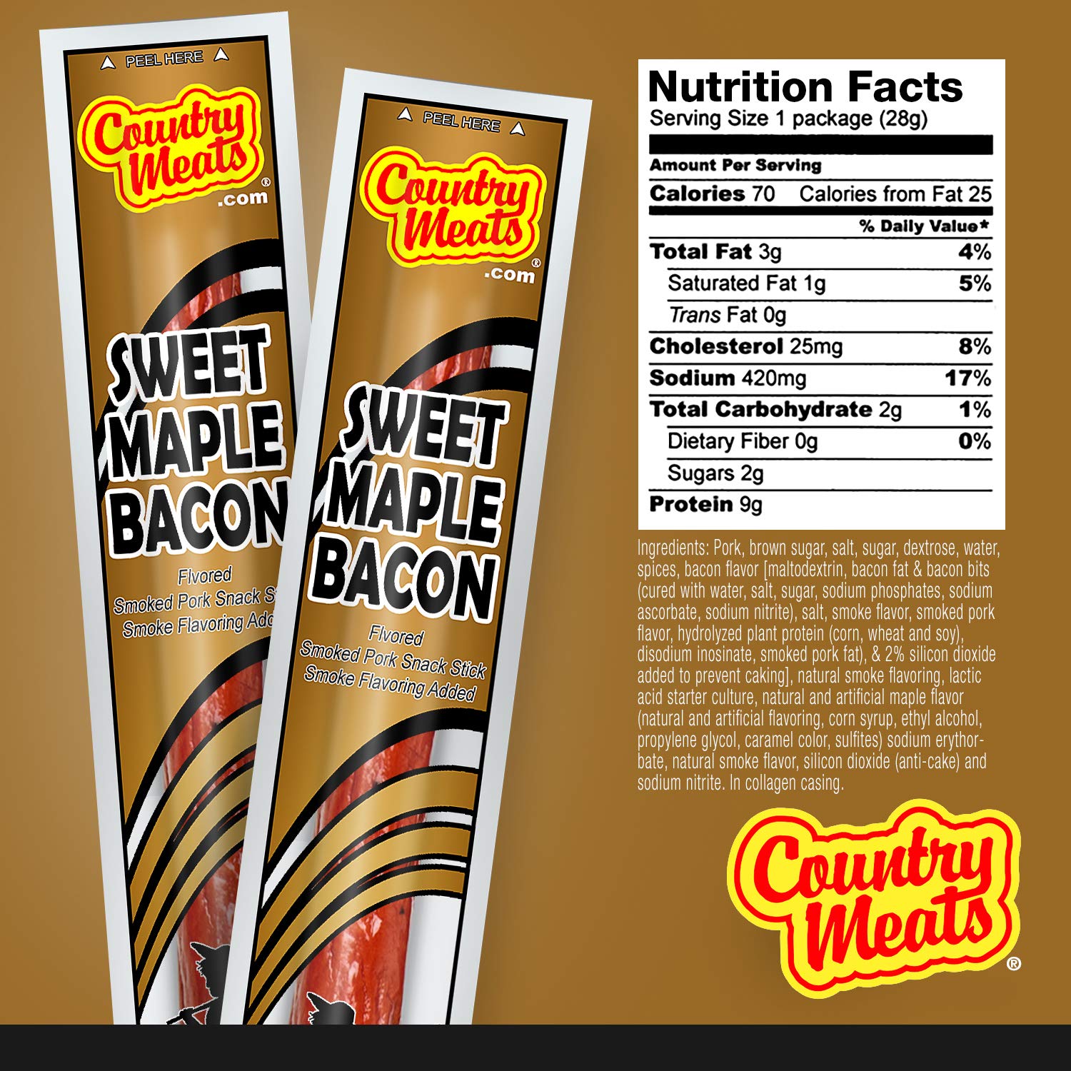 Country Meats Sweet Maple Bacon sticks held in hand for a quick snack.