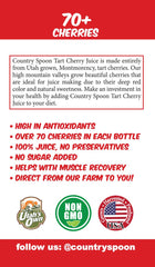 Pouring Country Spoon tart cherry juice, vibrant color and tart aroma