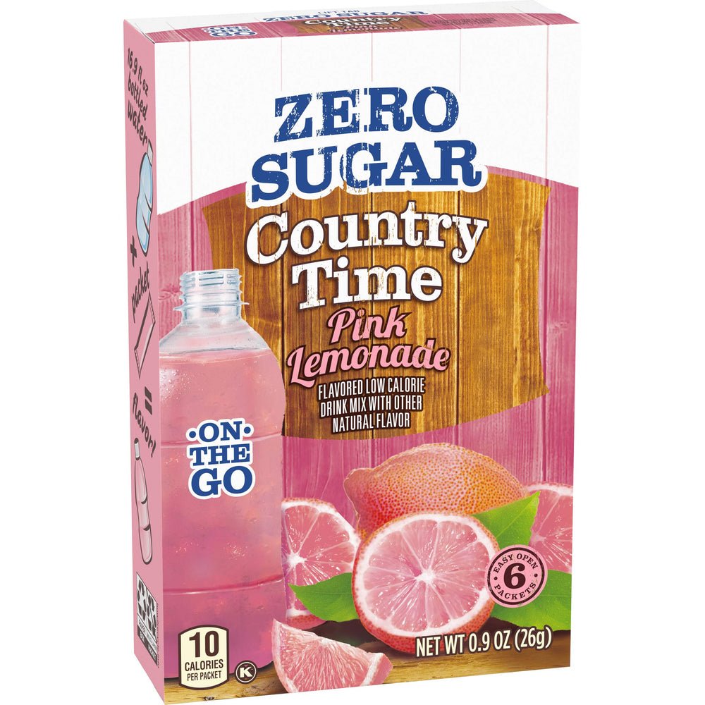 Country Time pink lemonade poured into a glass with ice.