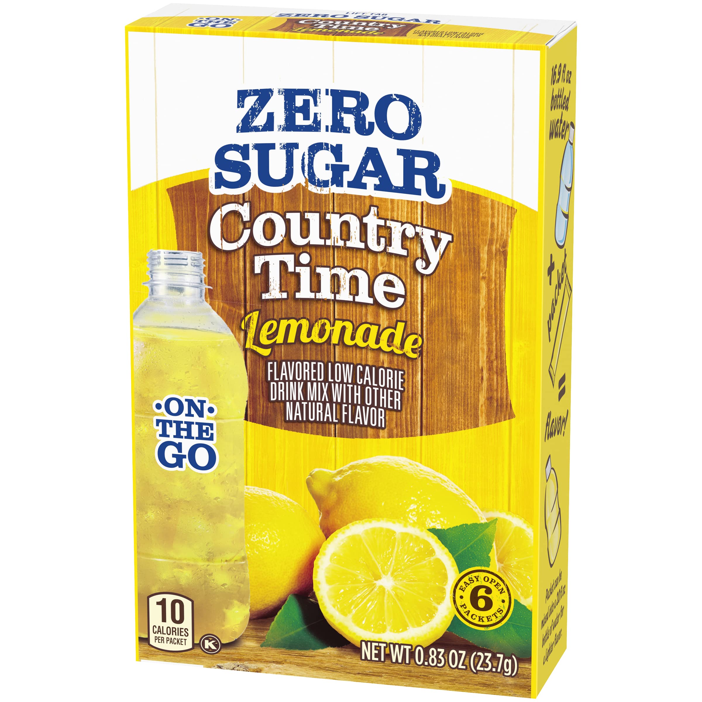 Country Time lemonade mix being stirred in a tall glass for a refreshing drink.