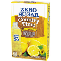 Country Time lemonade mix being stirred in a tall glass for a refreshing drink.