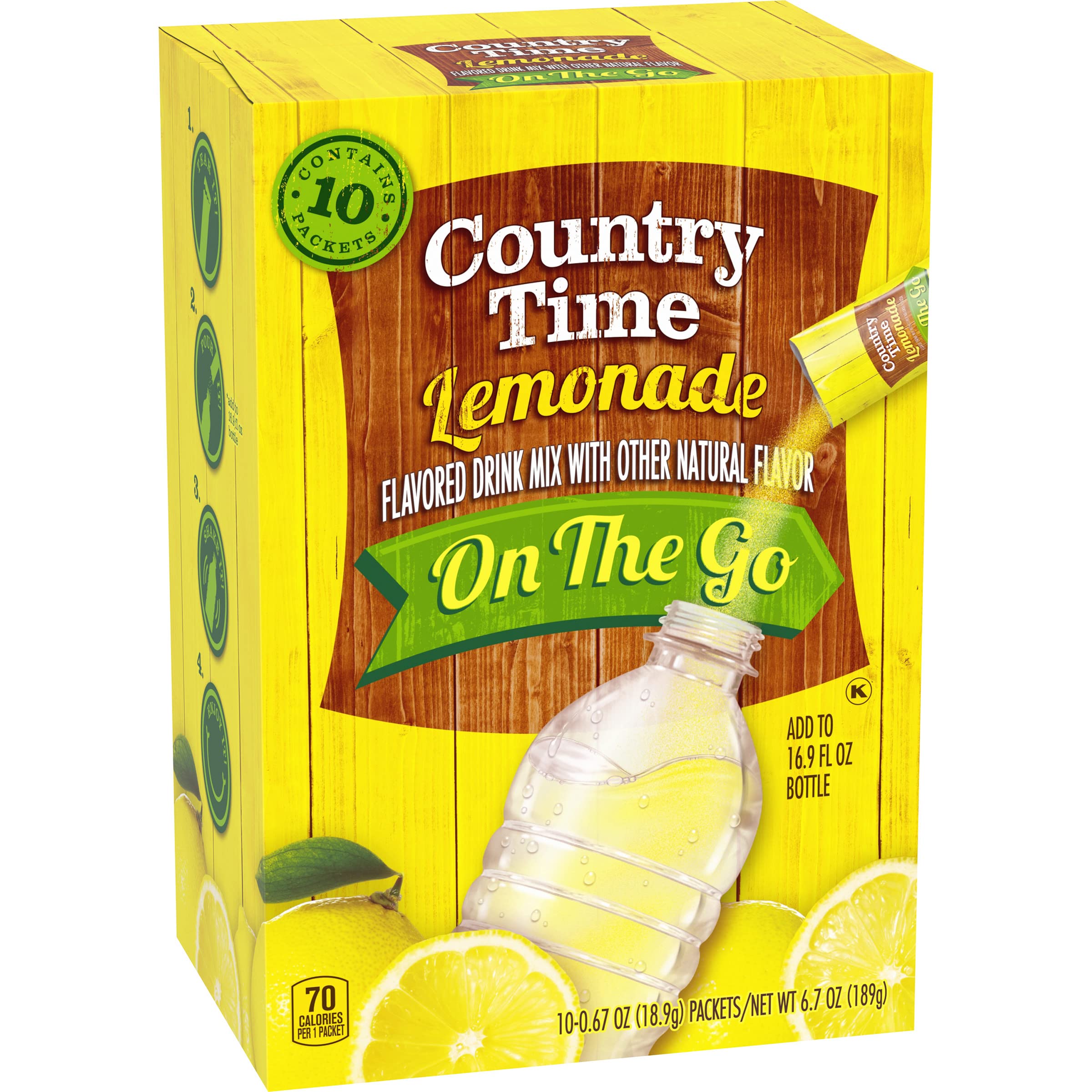 Country Time Lemonade packet dissolving in water with quick stirring.