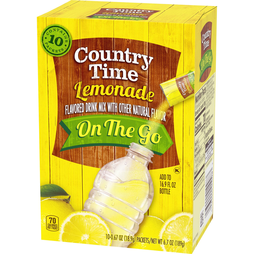 Country Time Lemonade being stirred into a tall glass for cooling thirst.