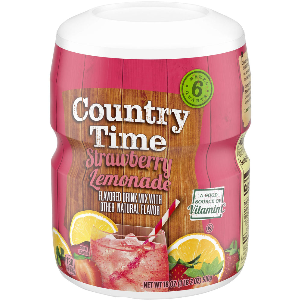 Country Time Strawberry Lemonade in a glass pitcher over ice.