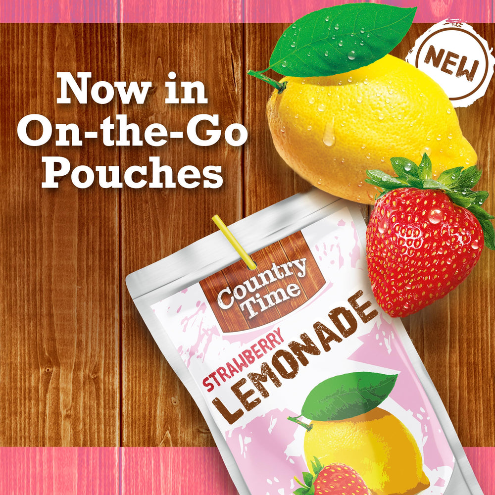 Country Time Strawberry Lemonade pouch packaging close-up highlighting real sugar sweetness