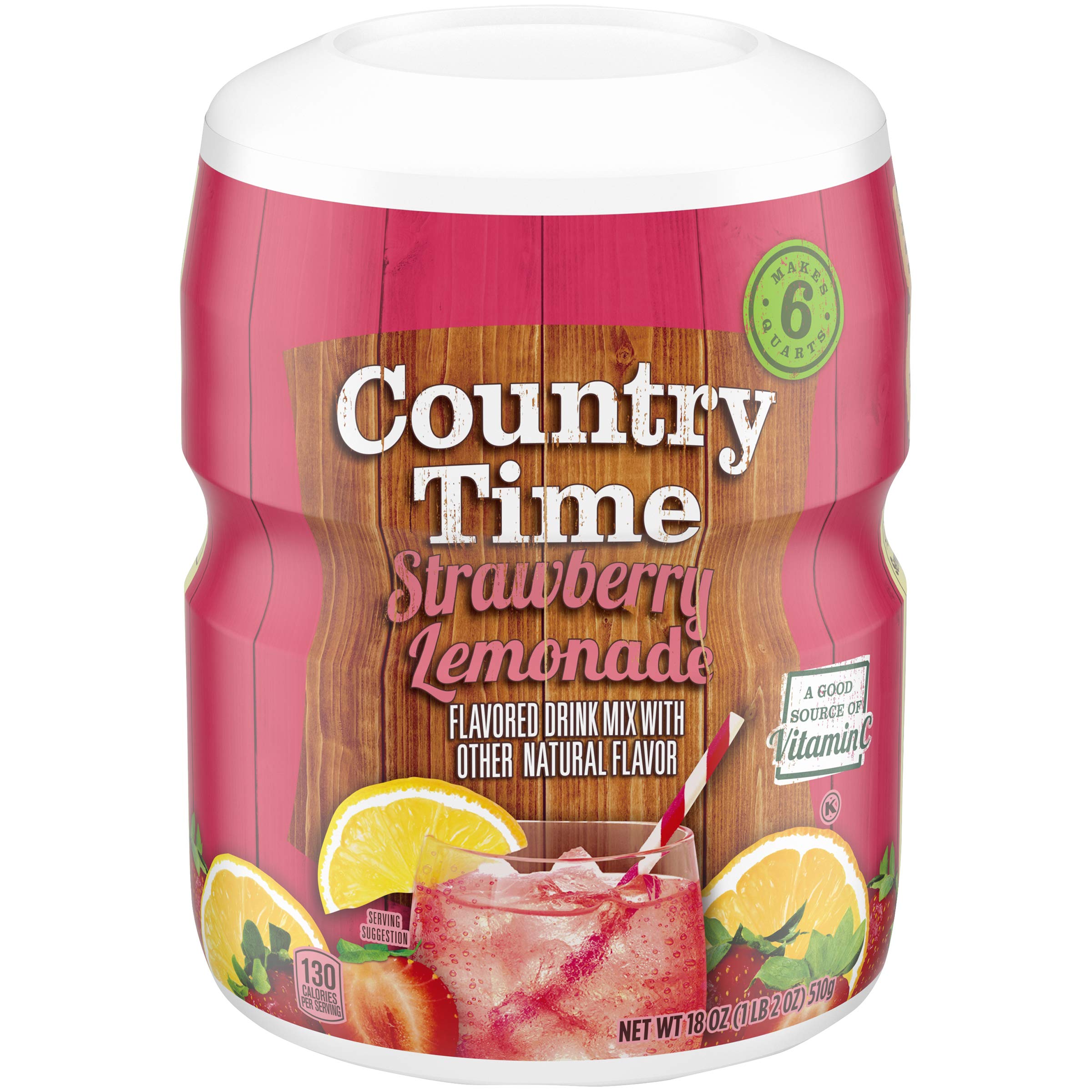 Country Time Strawberry Lemonade canister with resealable lid for easy storage.