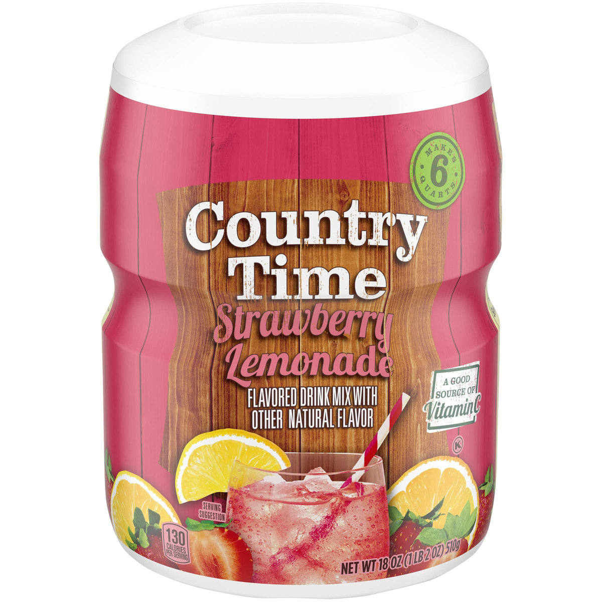 Country Time Strawberry Lemonade canister with resealable lid for easy storage.