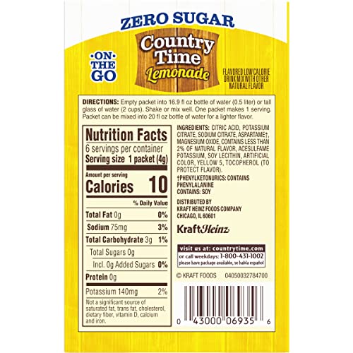 Country Time Zero Sugar lemonade boxes showing six single-serve packets for easy travel.